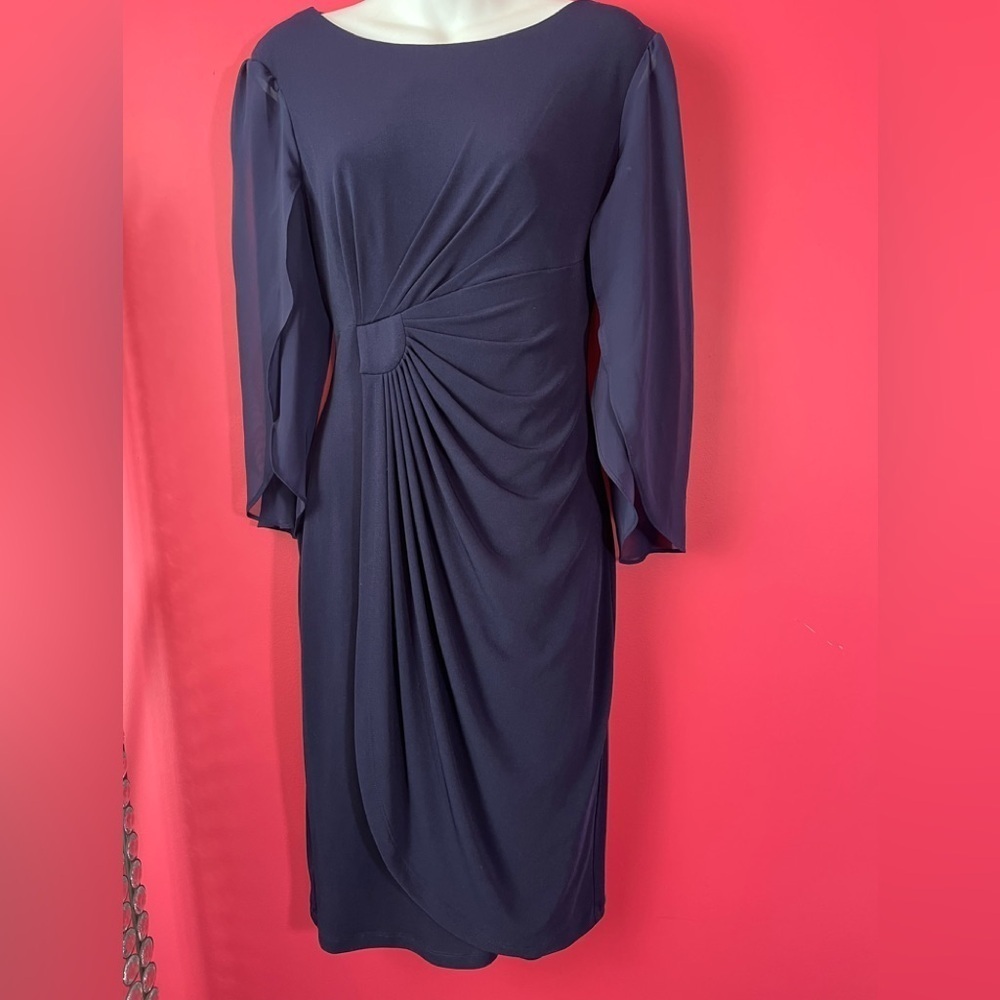 Navy blue ruched sheer sleeve elegant dress new